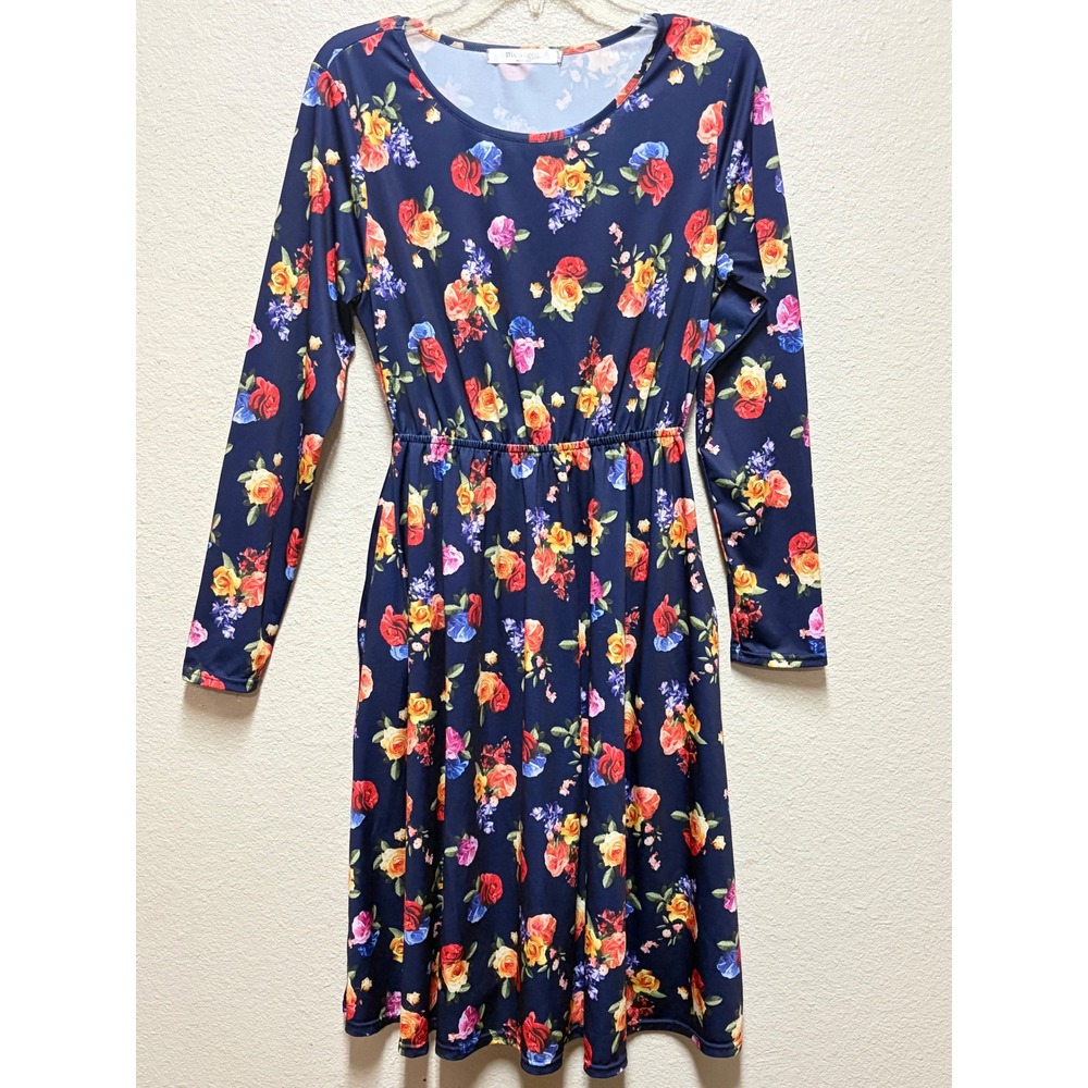 Meaneor Navy Blue Floral Long Sleeve Pocket Midi Dress Elastic Waist Size Small